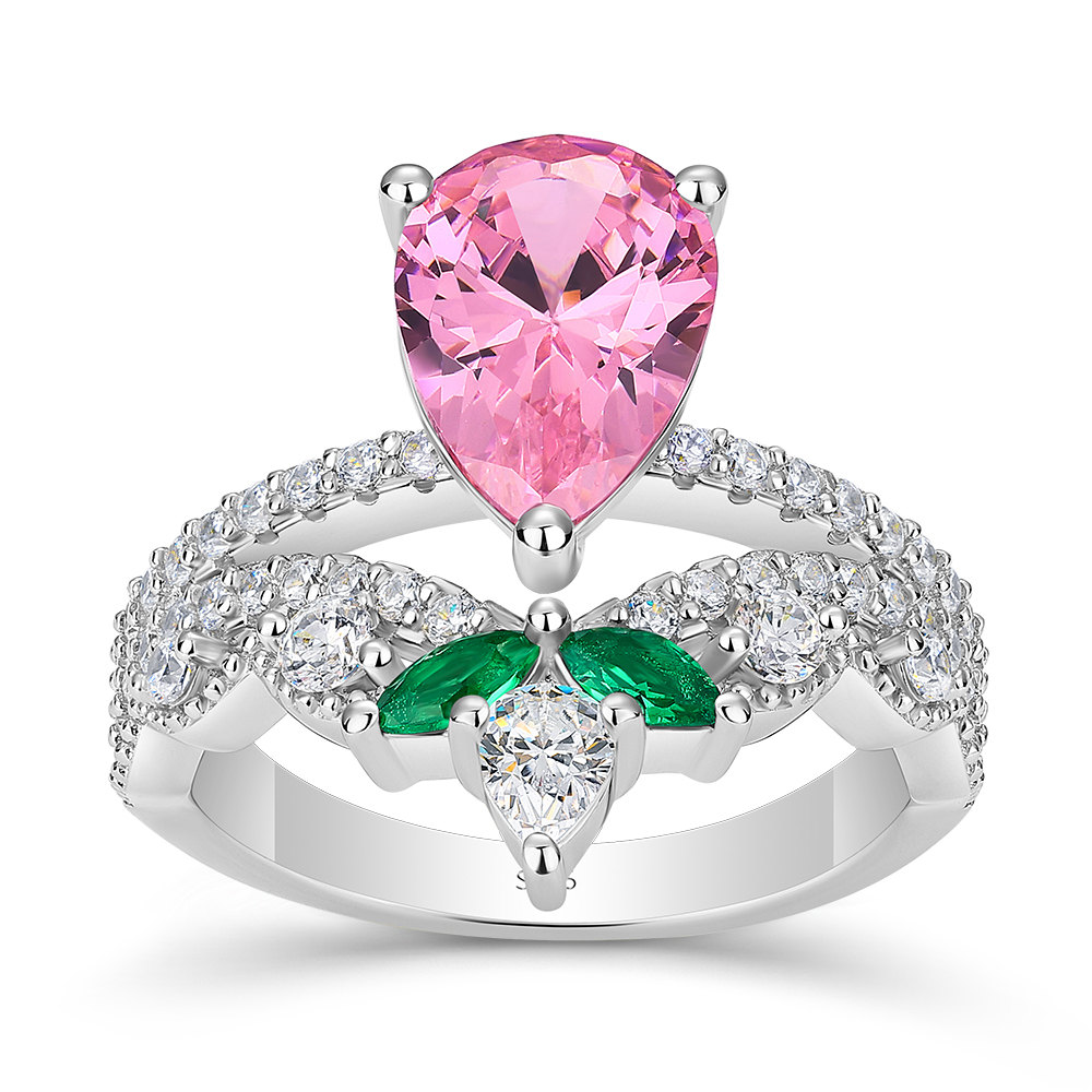 Pear Cut Fancy Pink 925 Sterling Silver Floral Engagement Ring
