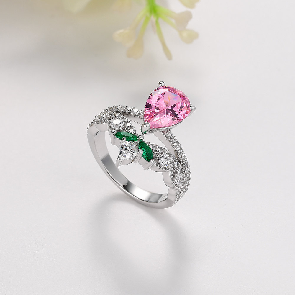 Pear Cut Fancy Pink 925 Sterling Silver Floral Engagement Ring