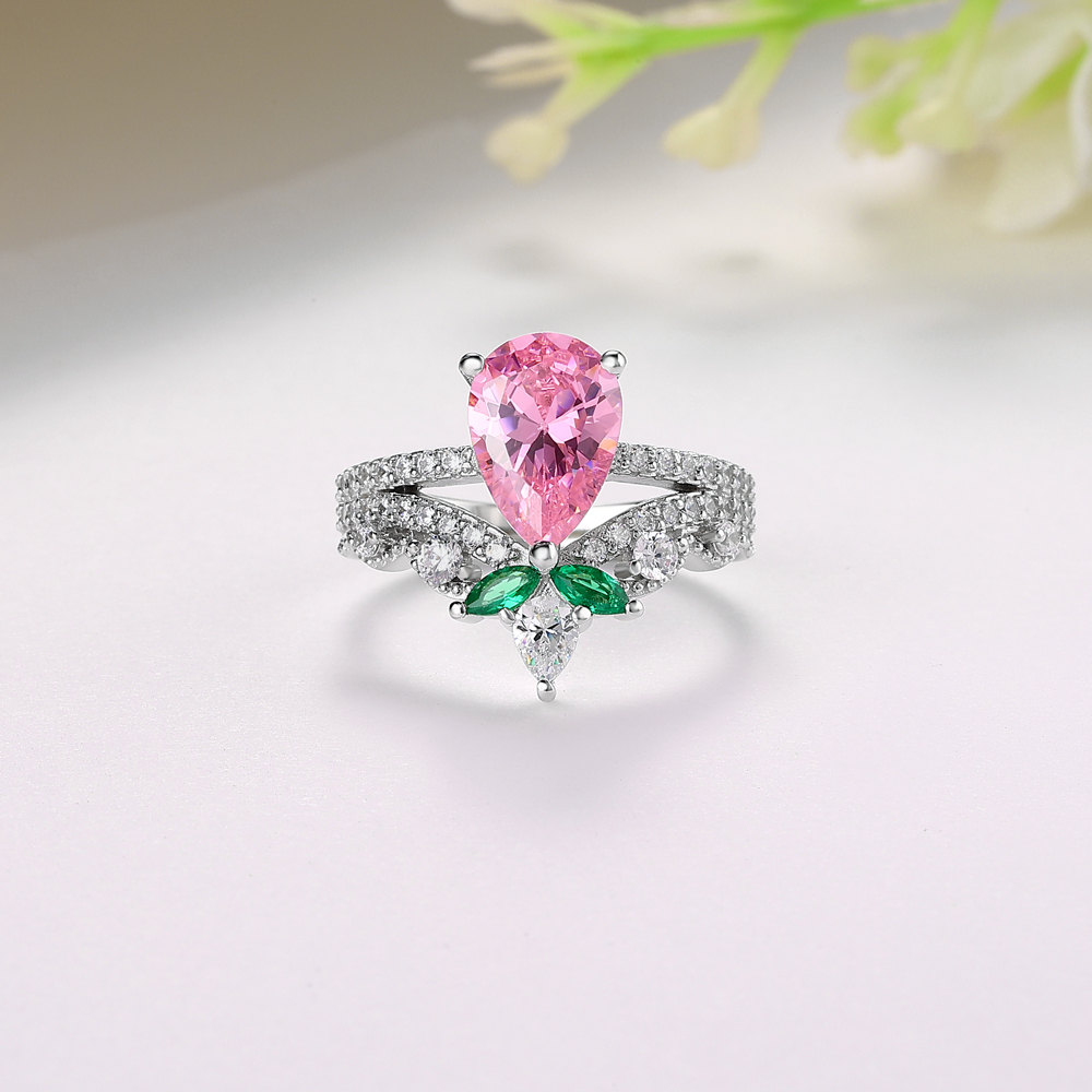 Pear Cut Fancy Pink 925 Sterling Silver Floral Engagement Ring