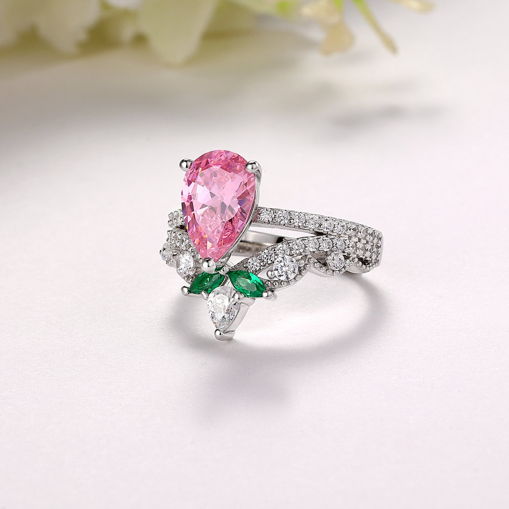 Pear Cut Fancy Pink 925 Sterling Silver Floral Engagement Ring