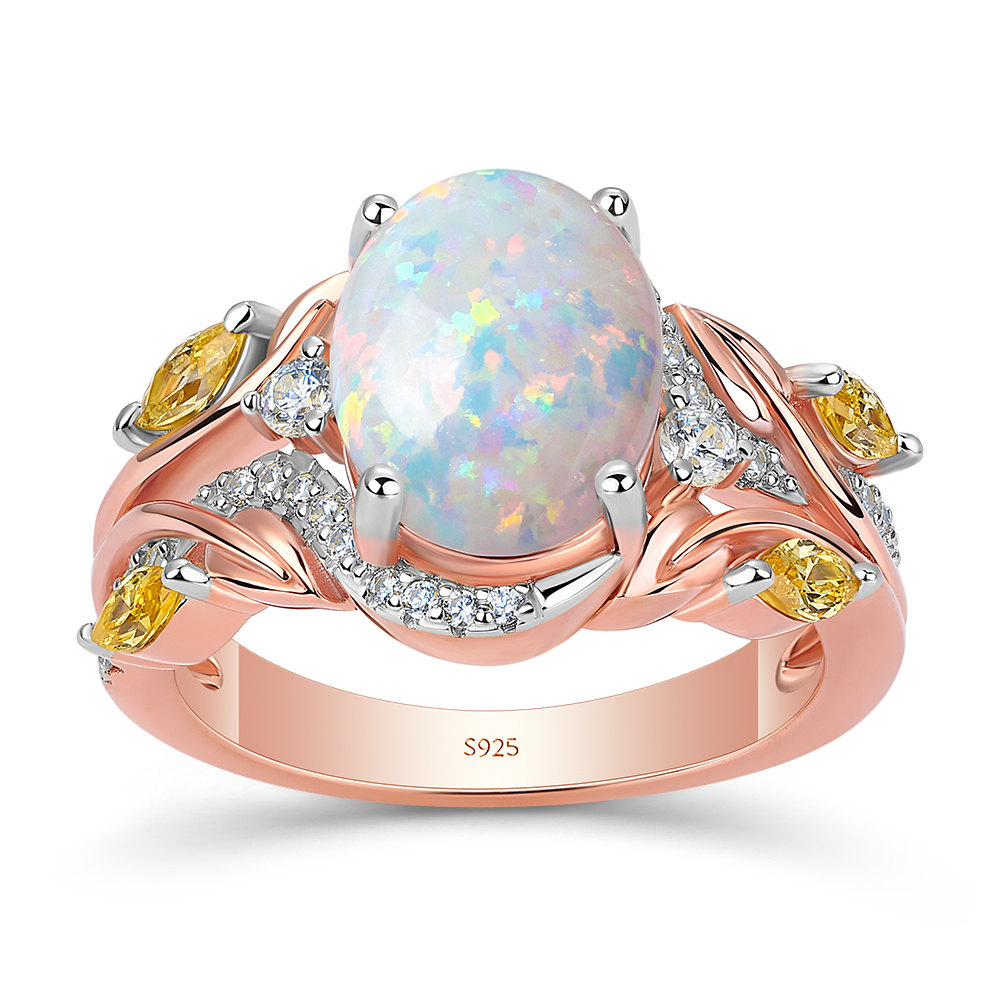 Oval Cut Opal Sterling Silver Rose Gold Leaf Engagement Ring