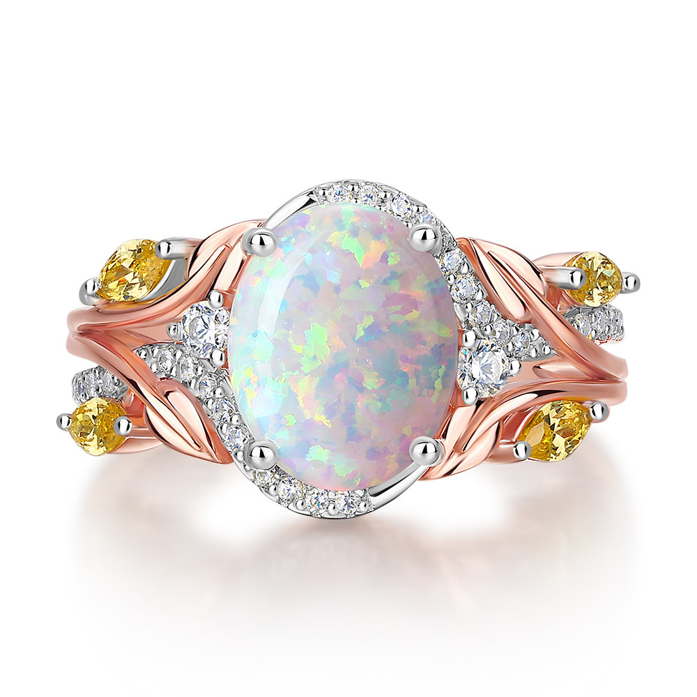 Oval Cut Opal Sterling Silver Rose Gold Leaf Engagement Ring