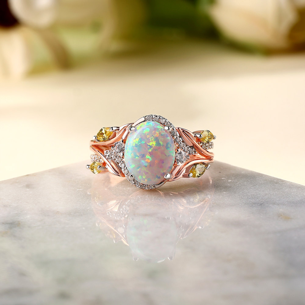 Oval Cut Opal Sterling Silver Rose Gold Leaf Engagement Ring