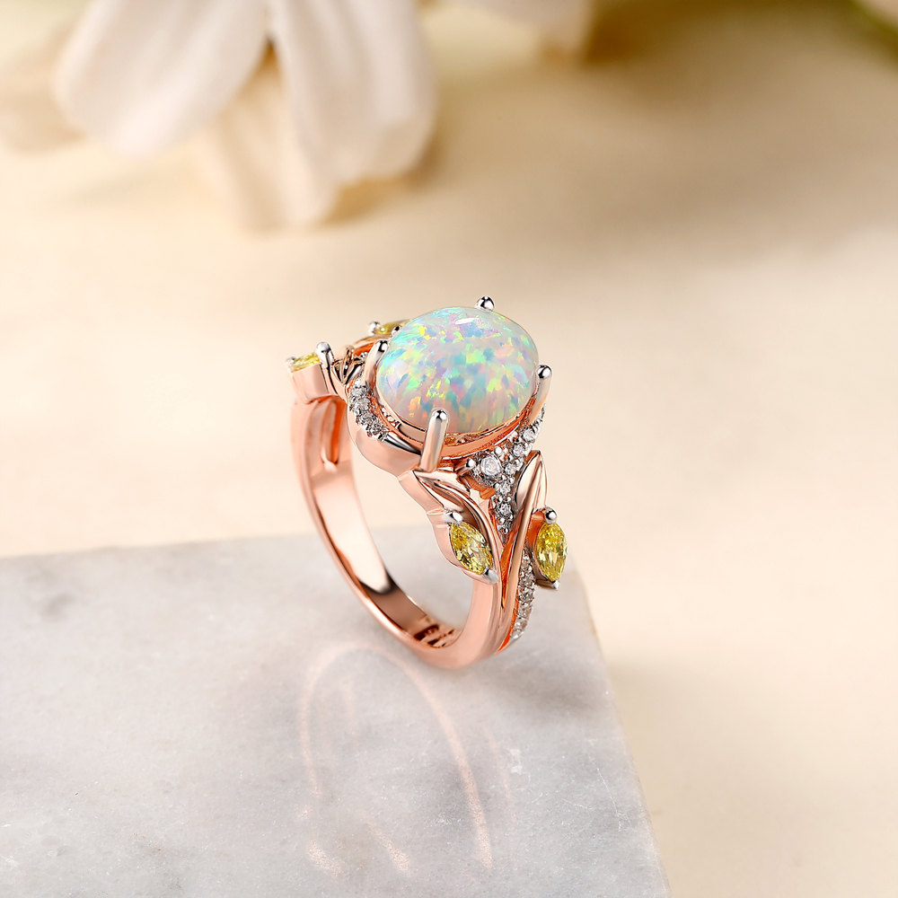 Oval Cut Opal Sterling Silver Rose Gold Leaf Engagement Ring
