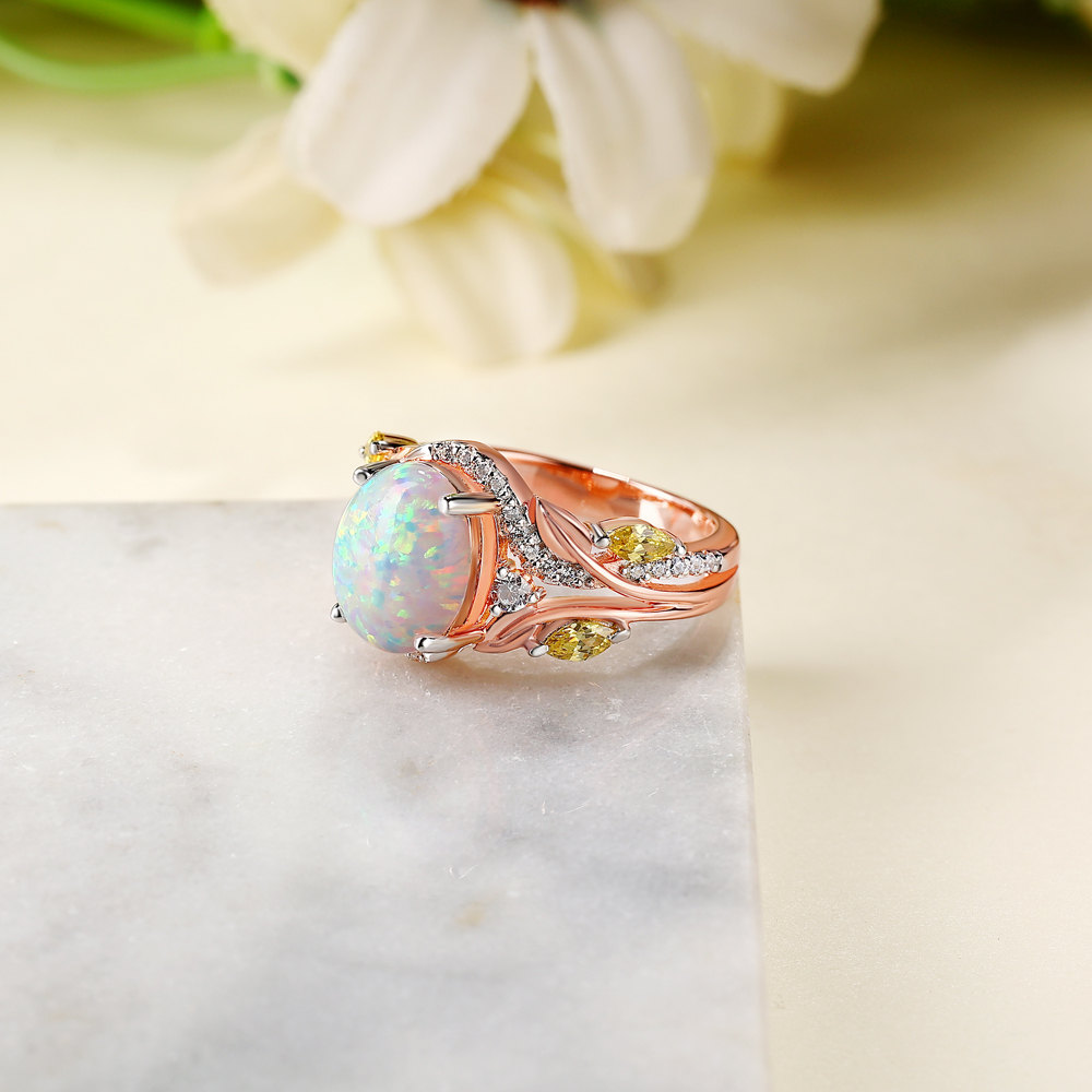 Oval Cut Opal Sterling Silver Rose Gold Leaf Engagement Ring