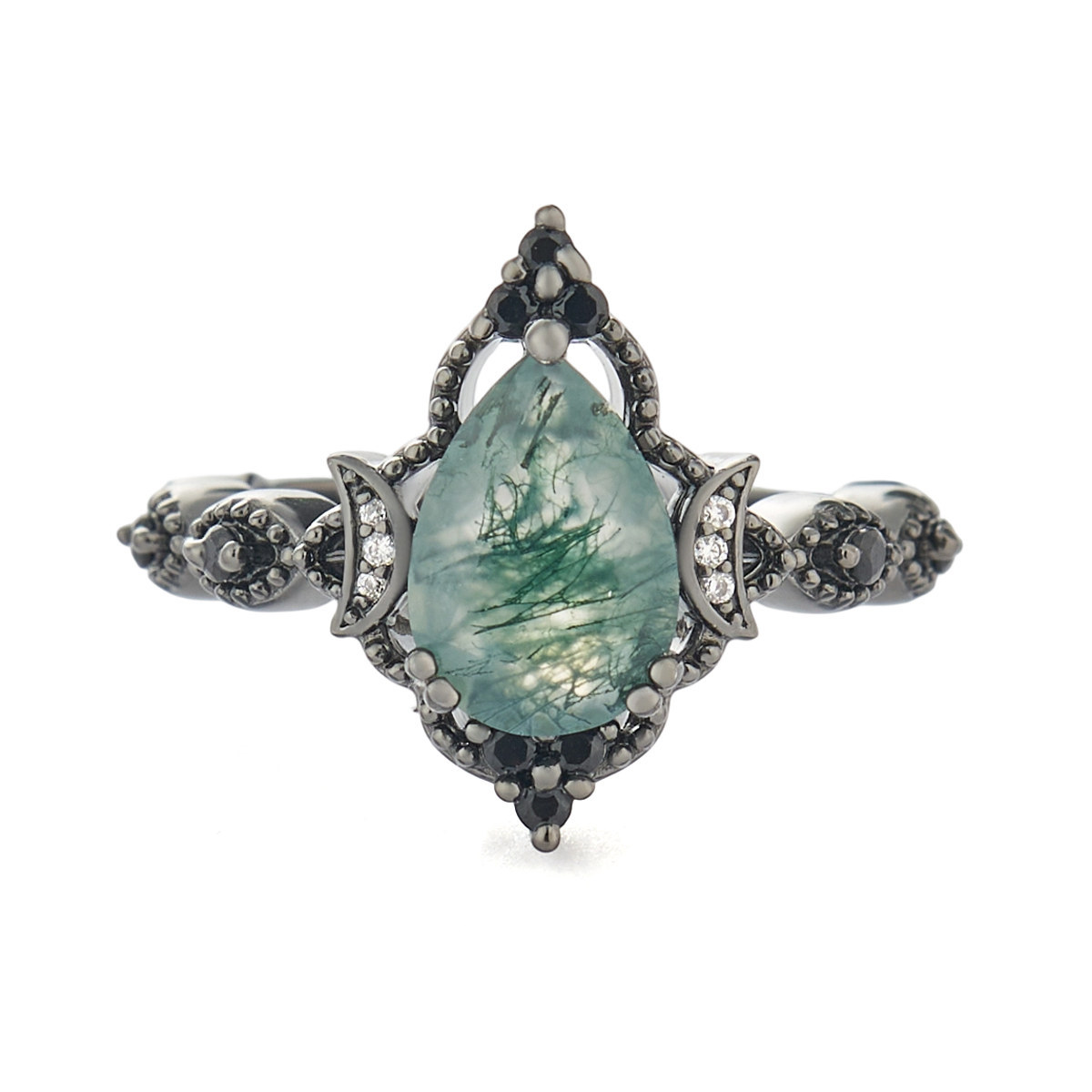 Vintage Pear Cut Green Moss Agate Black Sterling Silver Twisted Engagement Ring