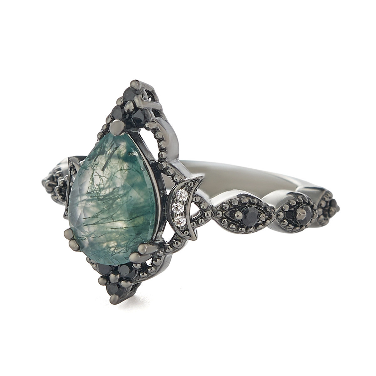 Vintage Pear Cut Green Moss Agate Black Sterling Silver Twisted Engagement Ring