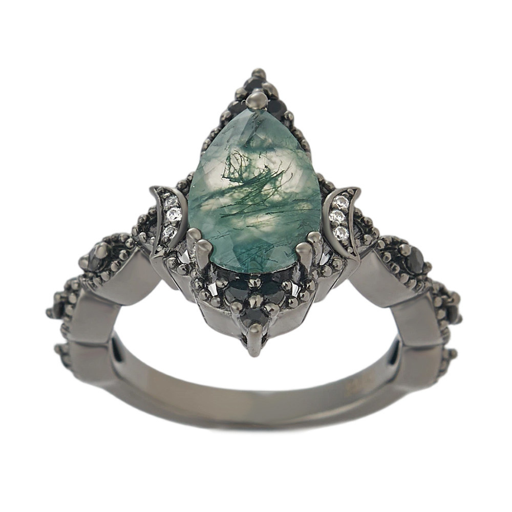 Vintage Pear Cut Green Moss Agate Black Sterling Silver Twisted Engagement Ring