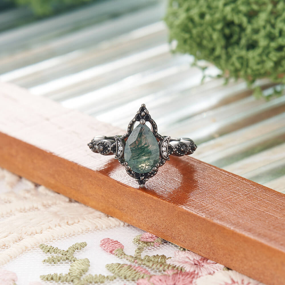 Vintage Pear Cut Green Moss Agate Black Sterling Silver Twisted Engagement Ring