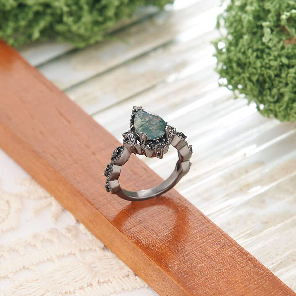 Vintage Pear Cut Green Moss Agate Black Sterling Silver Twisted Engagement Ring