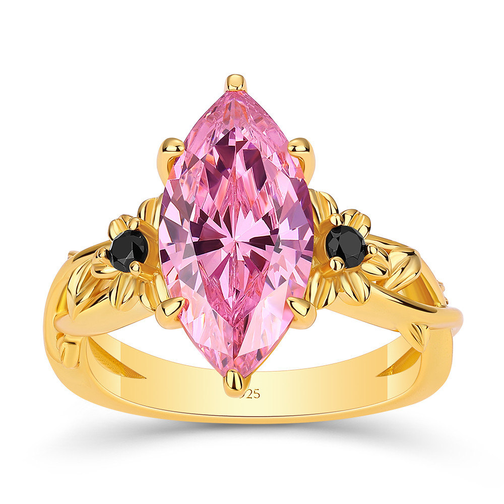 Marquise Cut Fancy Pink Sterling Silver Yellow Gold Flower Engagement Ring