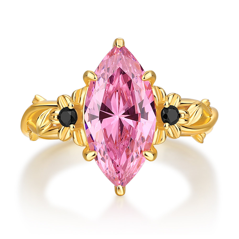 Marquise Cut Fancy Pink Sterling Silver Yellow Gold Flower Engagement Ring