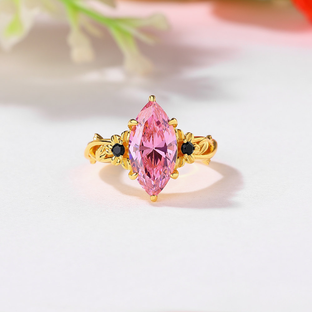 Marquise Cut Fancy Pink Sterling Silver Yellow Gold Flower Engagement Ring