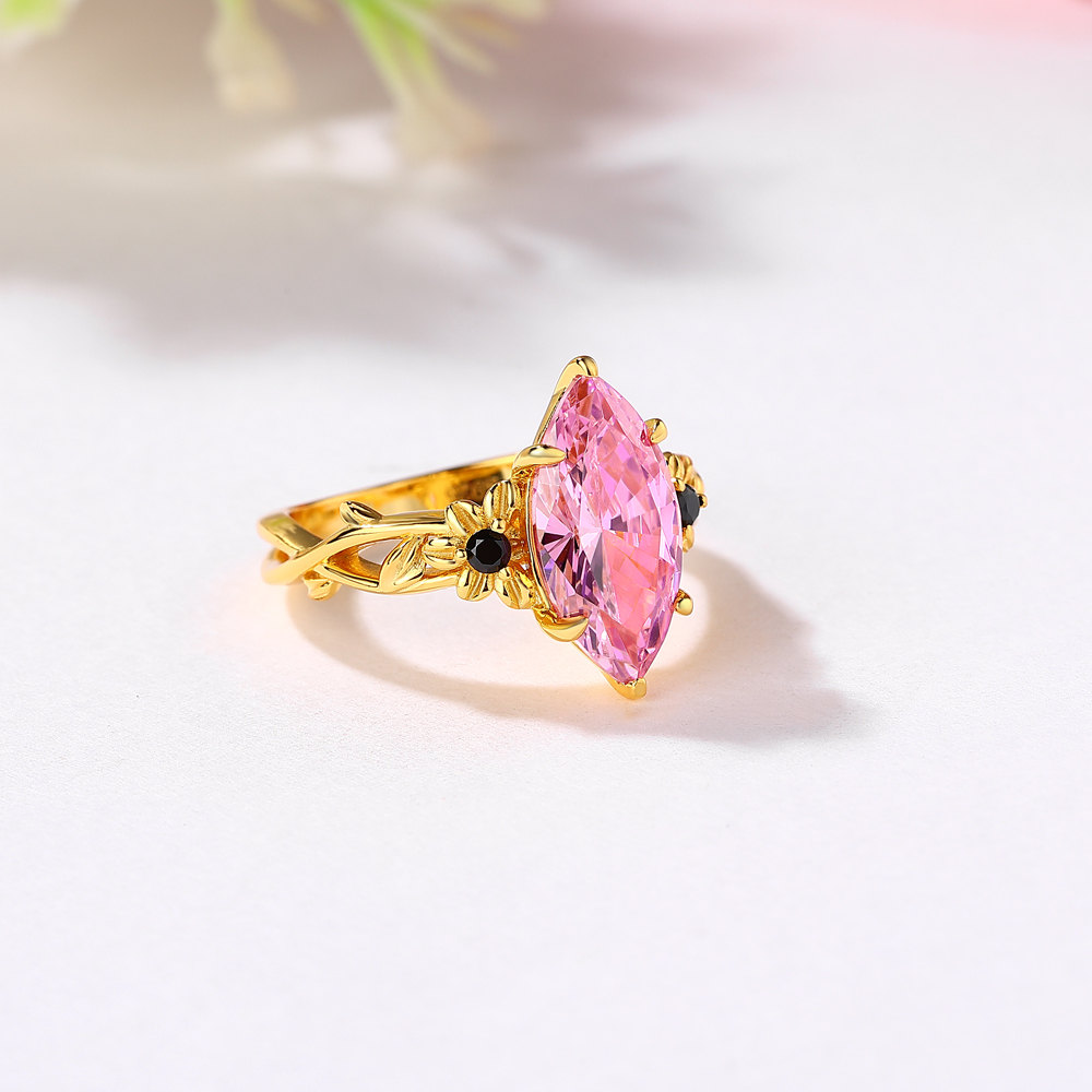 Marquise Cut Fancy Pink Sterling Silver Yellow Gold Flower Engagement Ring