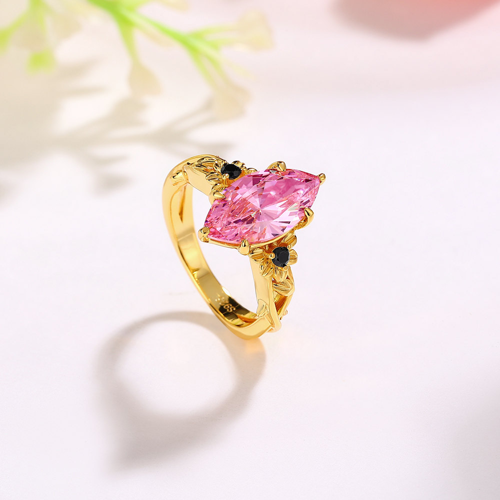 Marquise Cut Fancy Pink Sterling Silver Yellow Gold Flower Engagement Ring