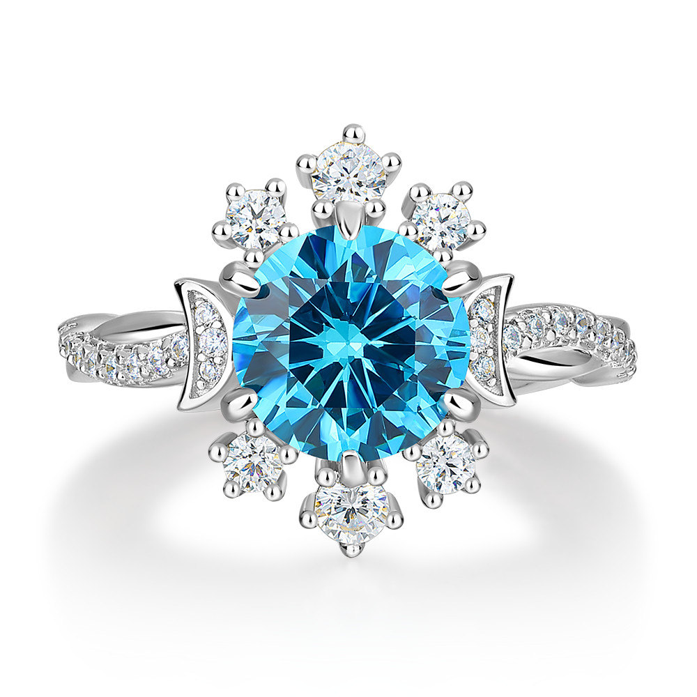 Round Cut Aquamarine Blue 925 Sterling Silver Moon Twisted Engagement Ring