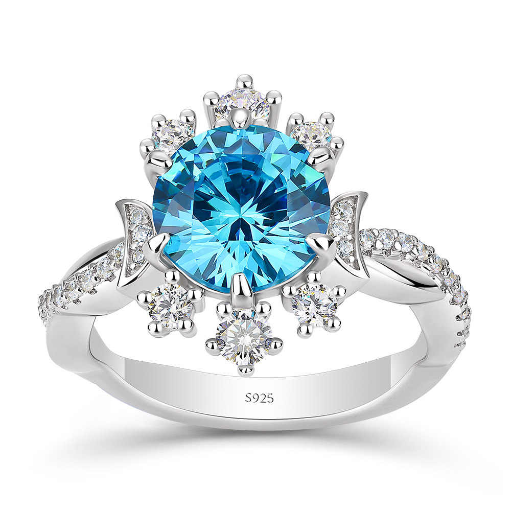 Round Cut Aquamarine Blue 925 Sterling Silver Moon Twisted Engagement Ring