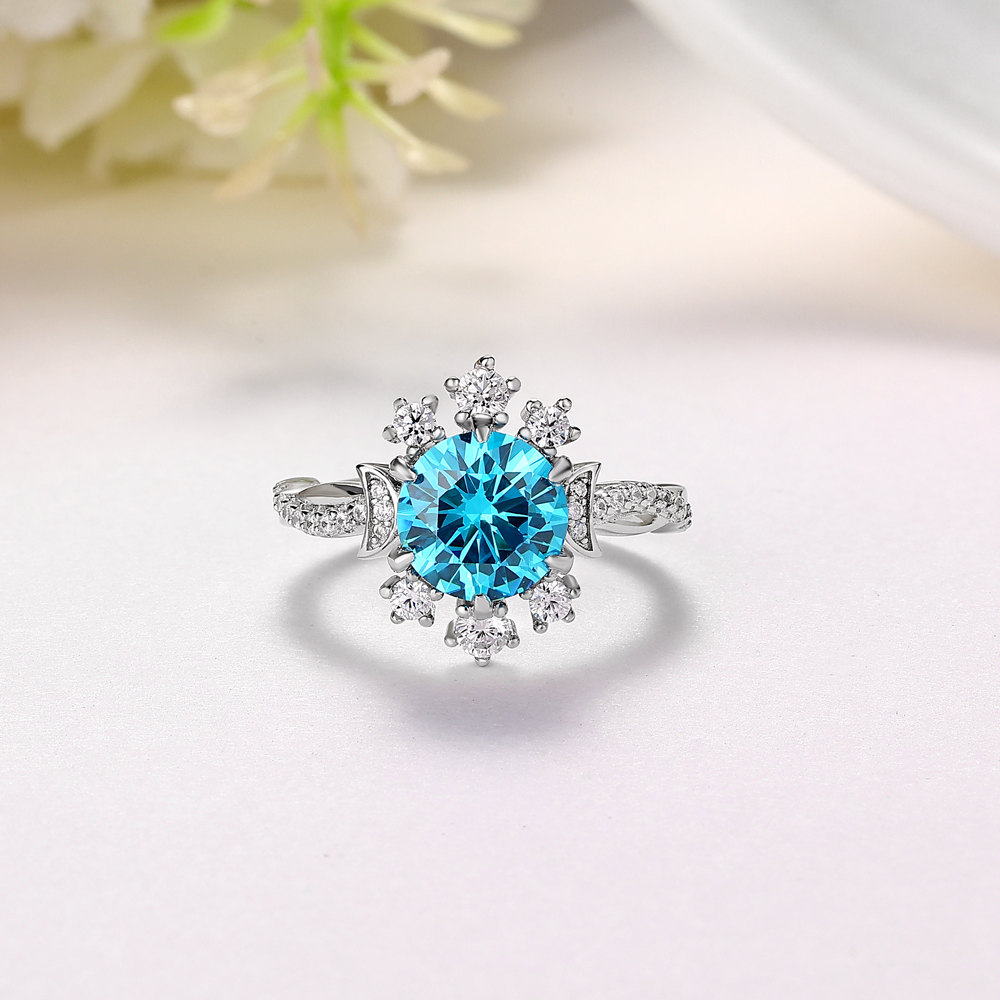 Round Cut Aquamarine Blue 925 Sterling Silver Moon Twisted Engagement Ring