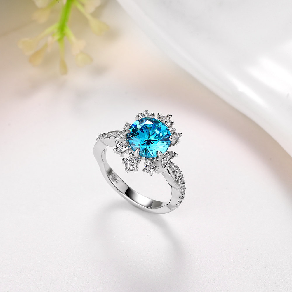 Round Cut Aquamarine Blue 925 Sterling Silver Moon Twisted Engagement Ring