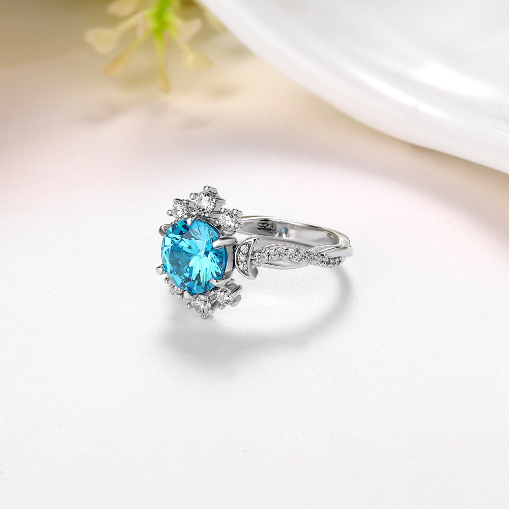 Round Cut Aquamarine Blue 925 Sterling Silver Moon Twisted Engagement Ring
