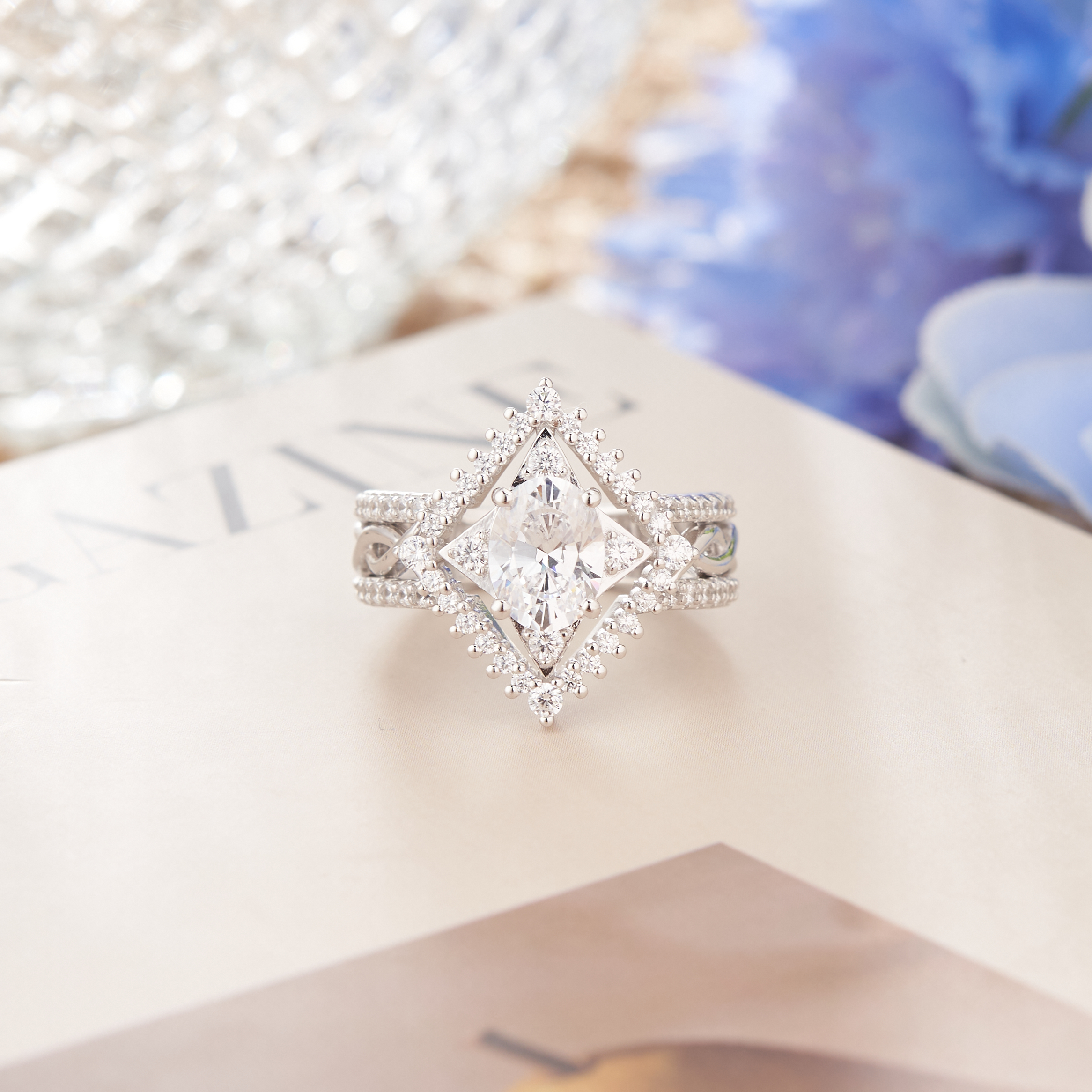Oval Cut Diamond White Sterling Silver Pearl Engagement Ring