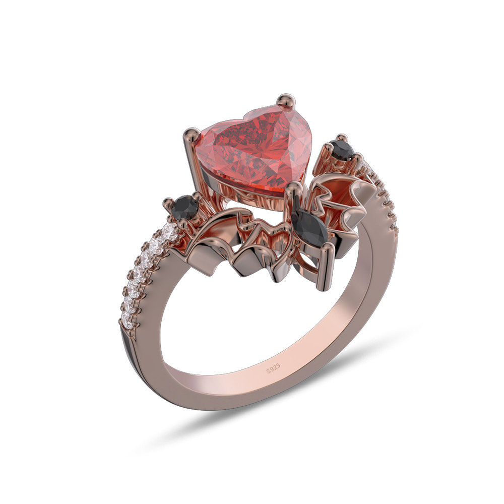 Heart Cut Ruby Red Sterling Silver Wing Engagement Ring