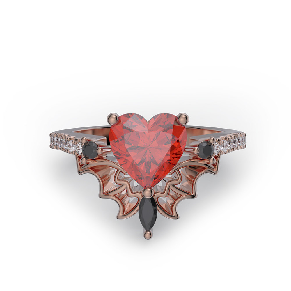 Heart Cut Ruby Red Sterling Silver Wing Engagement Ring