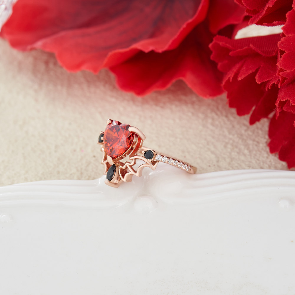 Heart Cut Ruby Red Sterling Silver Wing Engagement Ring