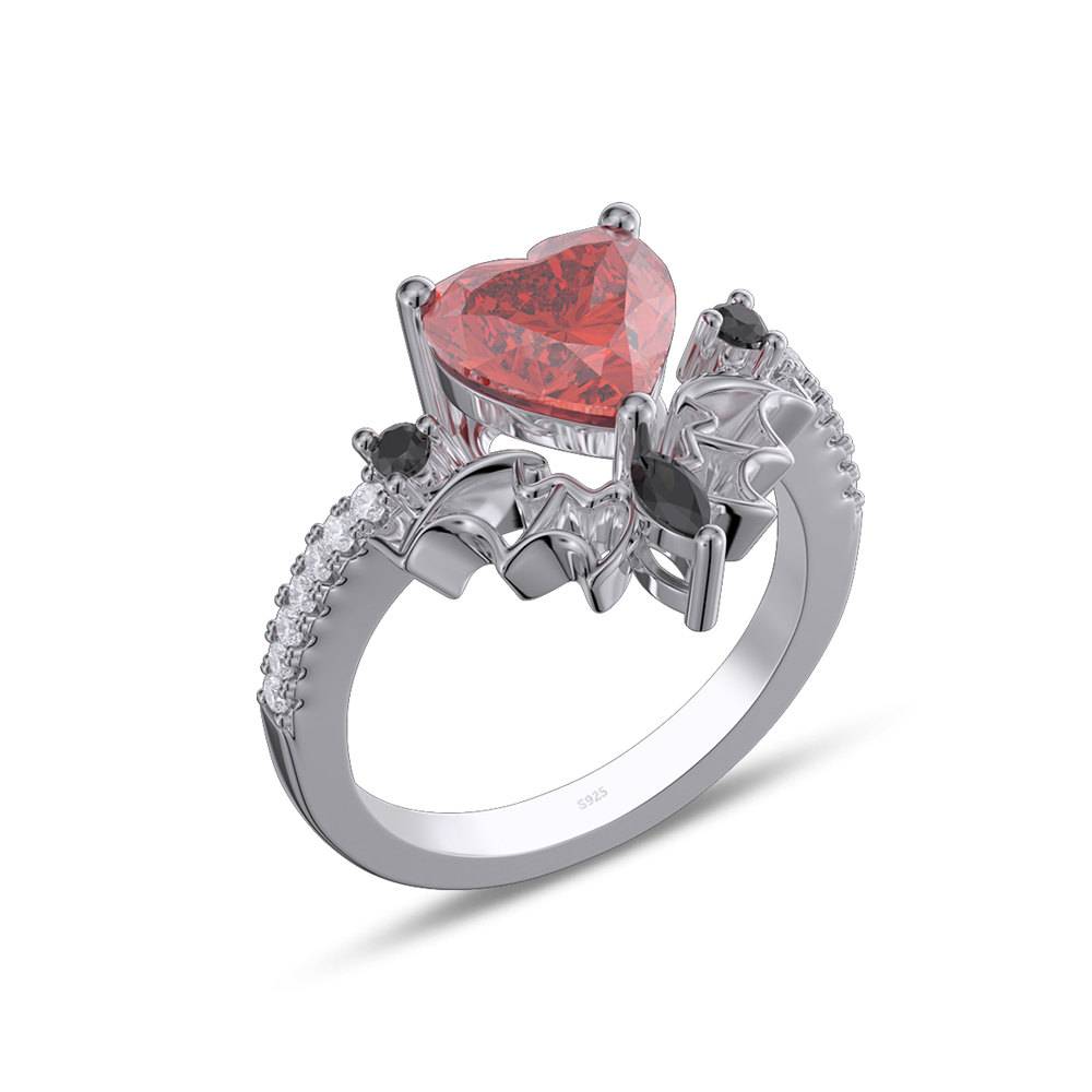Heart Cut Ruby Red Sterling Silver Wing Engagement Ring