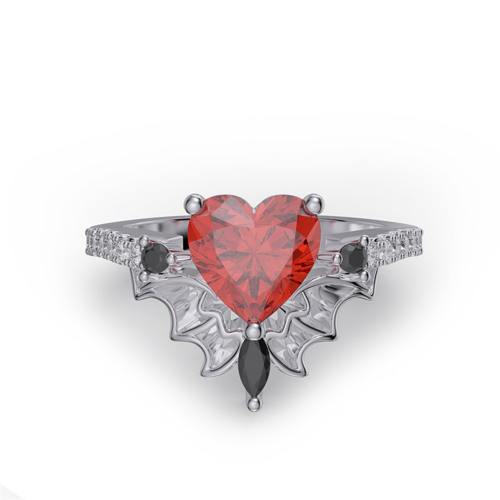 Heart Cut Ruby Red Sterling Silver Wing Engagement Ring