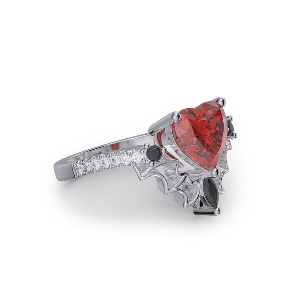 Heart Cut Ruby Red Sterling Silver Wing Engagement Ring