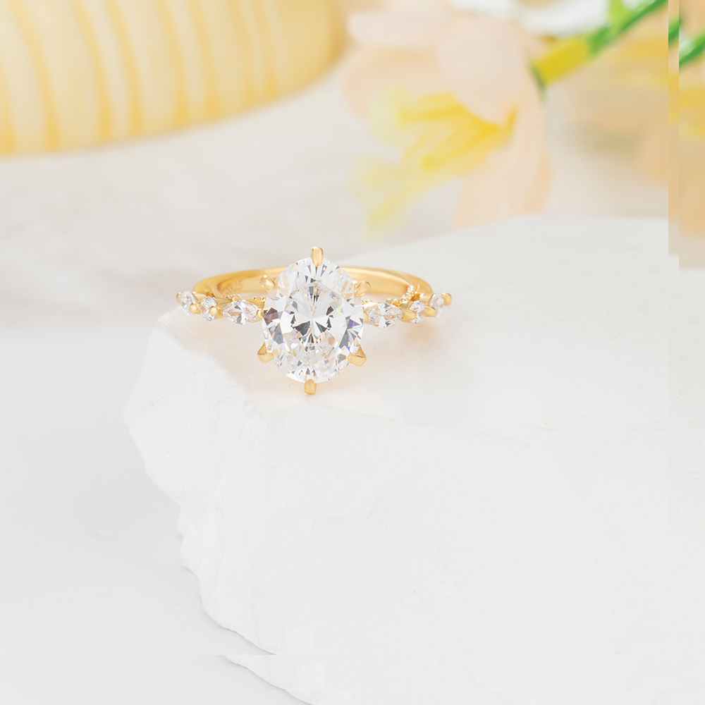 Oval Cut Diamond White Yellow Gold Sterling Silver Engagement Ring