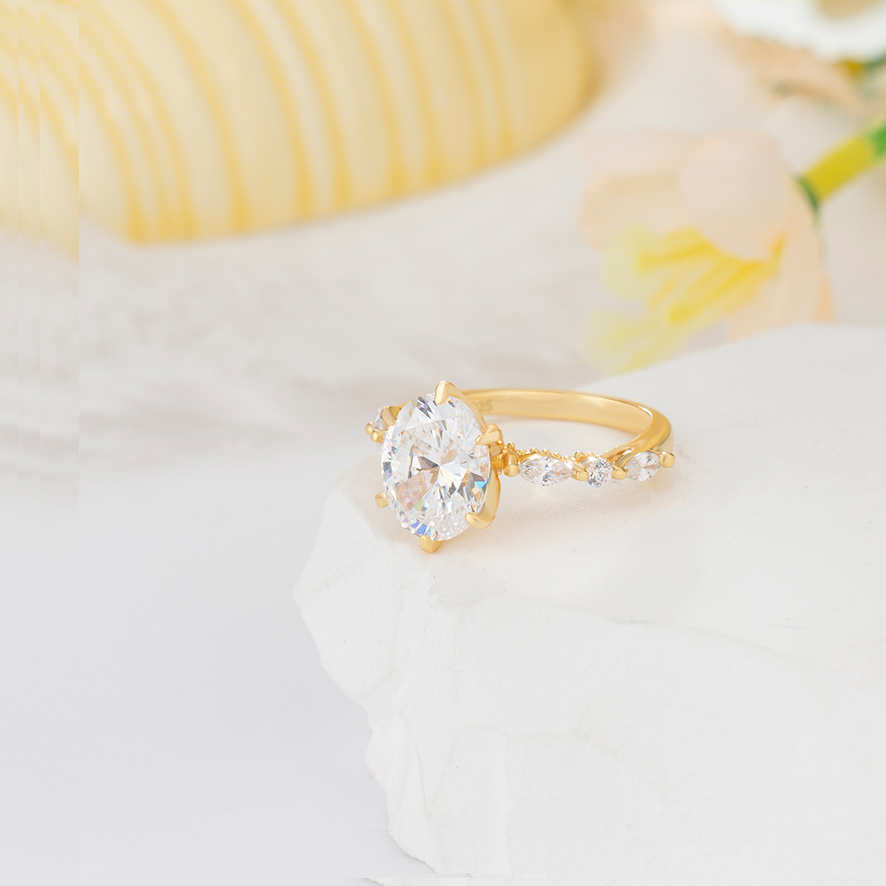 Oval Cut Diamond White Yellow Gold Sterling Silver Engagement Ring