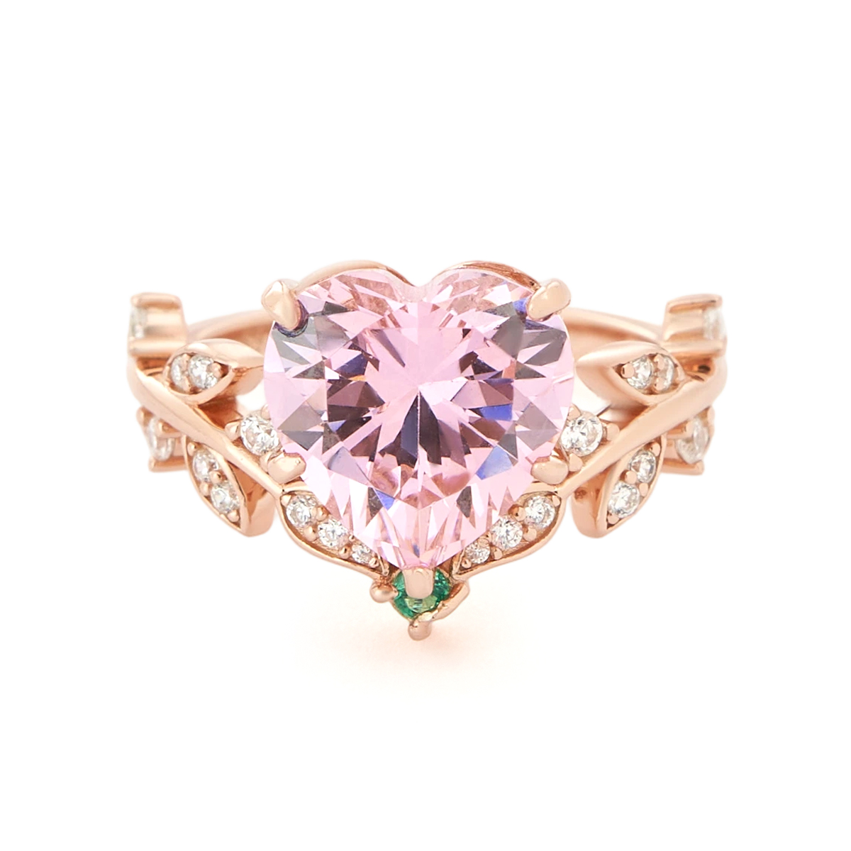 Heart Cut Fancy Pink 925 Sterling Silver Rose Gold Leaf Engagement Ring