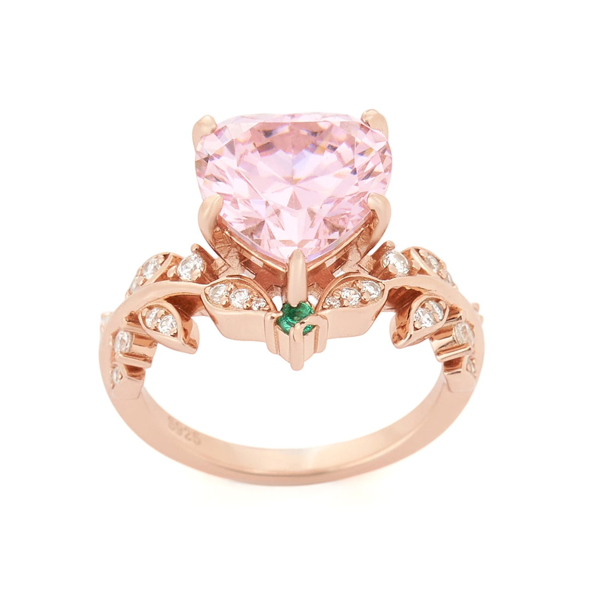 Heart Cut Fancy Pink 925 Sterling Silver Rose Gold Leaf Engagement Ring