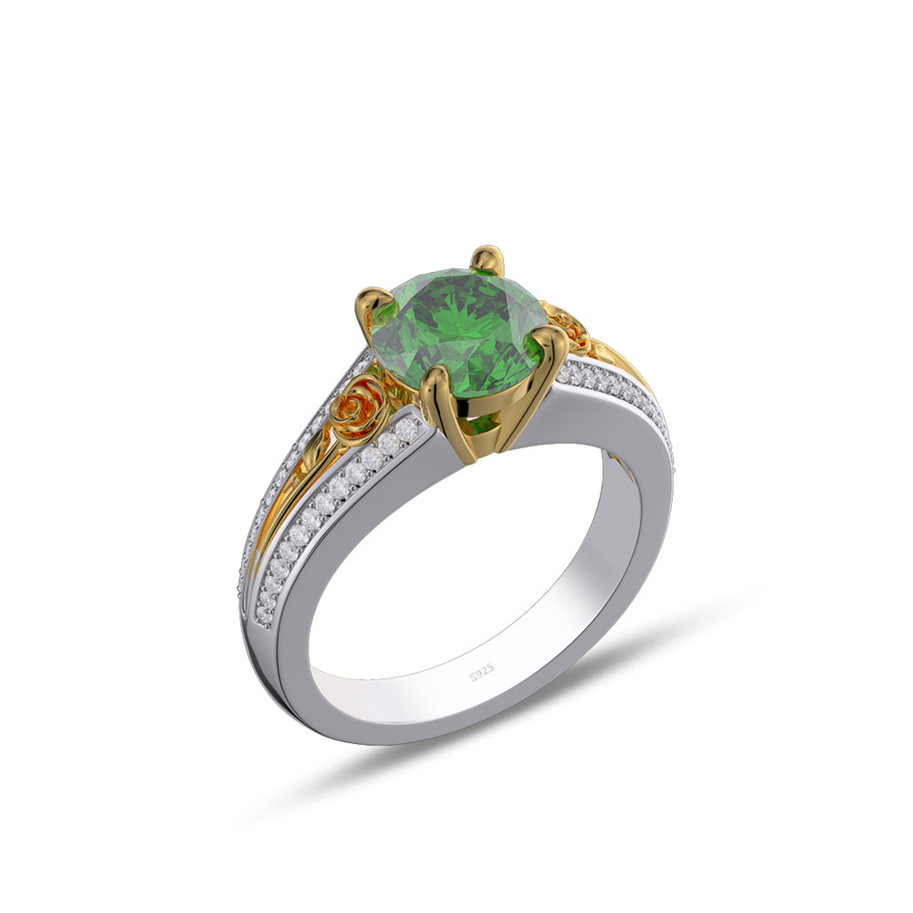 Round Cut Emerald Green 925 Sterling Silver Floral Engagement Ring