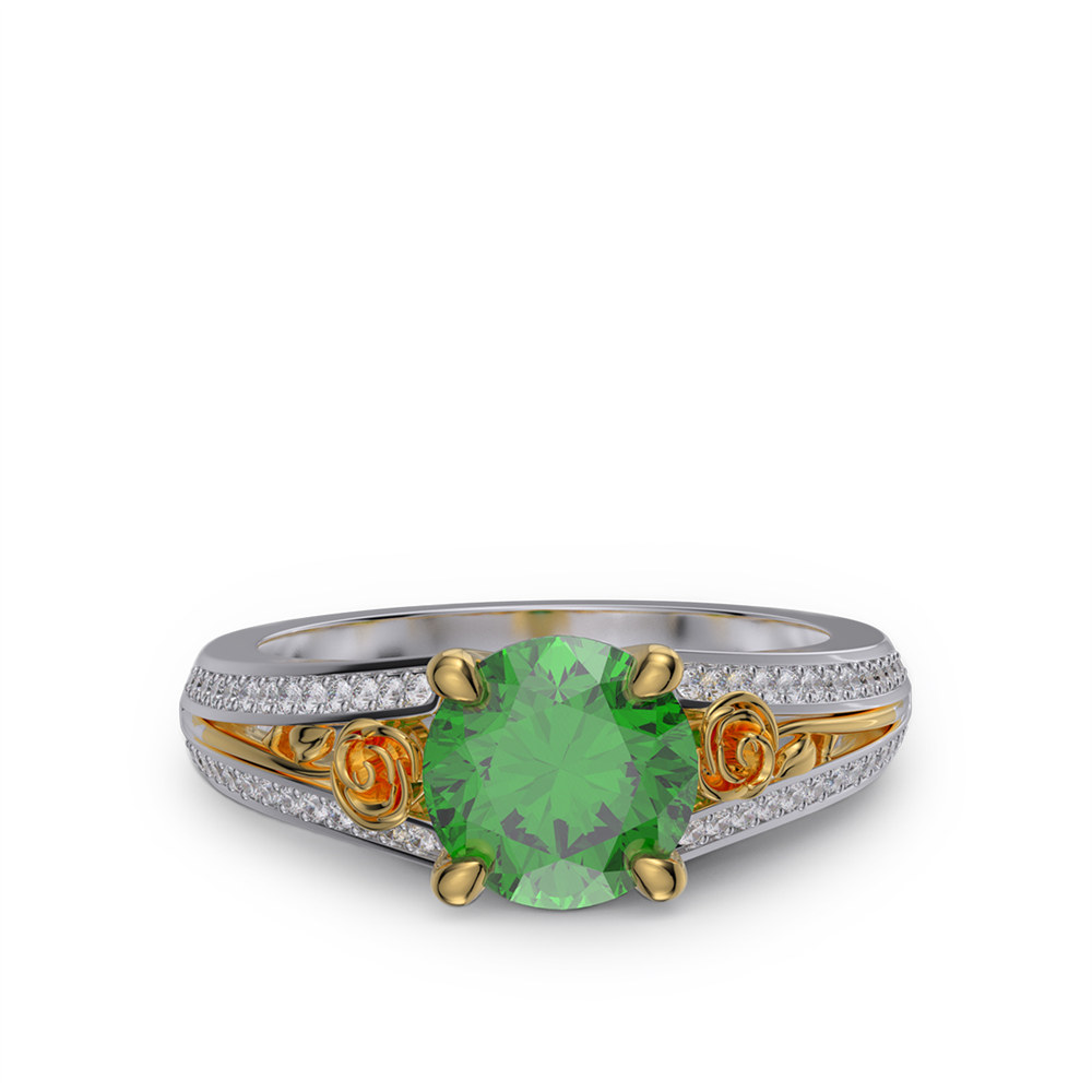 Round Cut Emerald Green 925 Sterling Silver Floral Engagement Ring