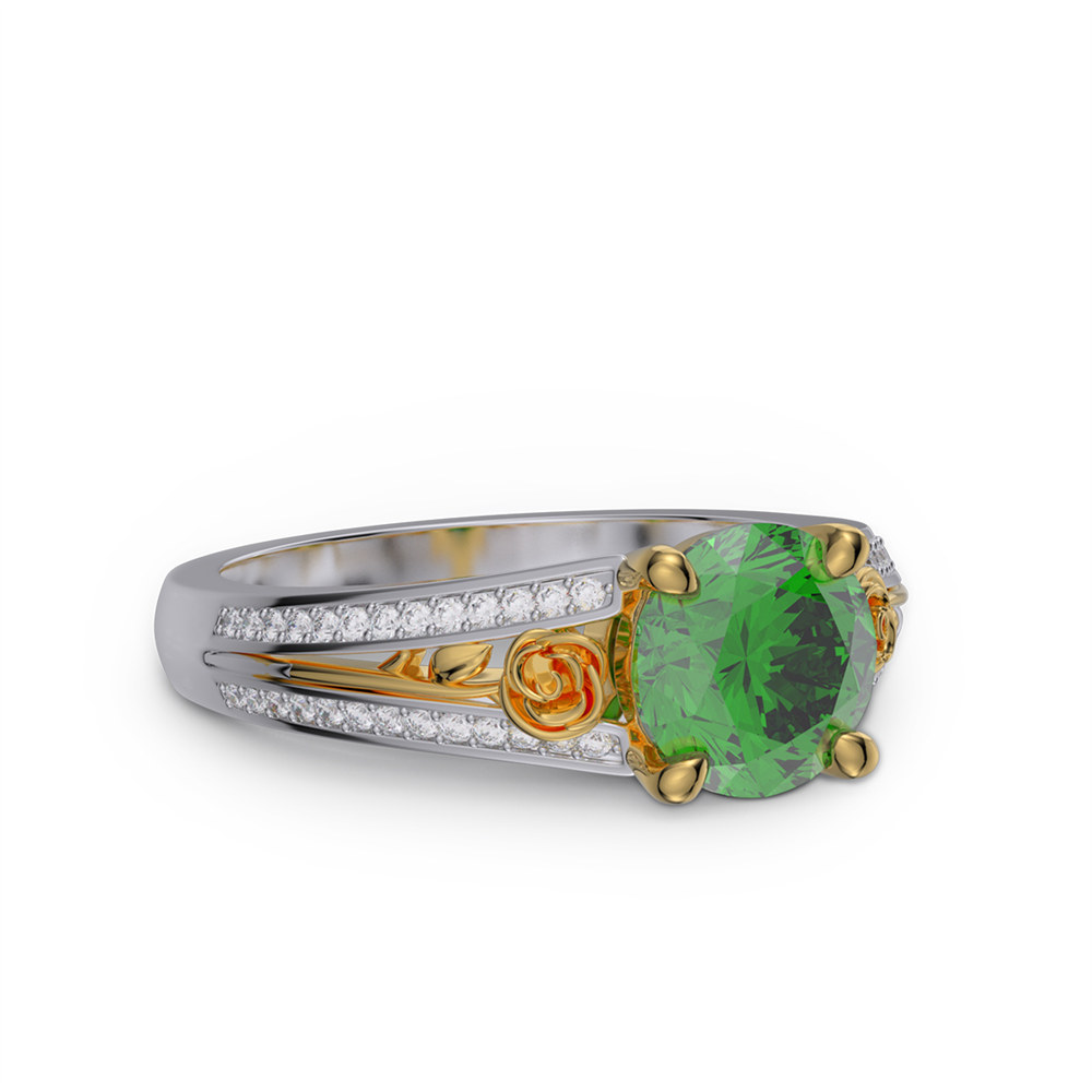 Round Cut Emerald Green 925 Sterling Silver Floral Engagement Ring