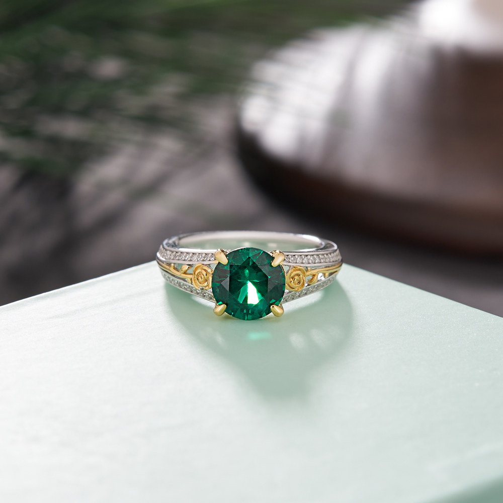 Round Cut Emerald Green 925 Sterling Silver Floral Engagement Ring