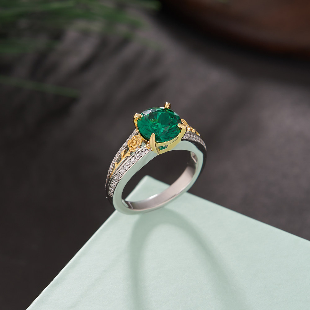 Round Cut Emerald Green 925 Sterling Silver Floral Engagement Ring