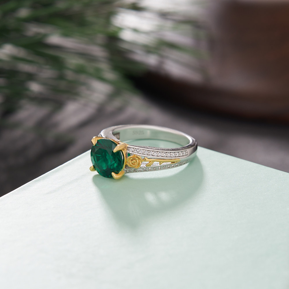 Round Cut Emerald Green 925 Sterling Silver Floral Engagement Ring