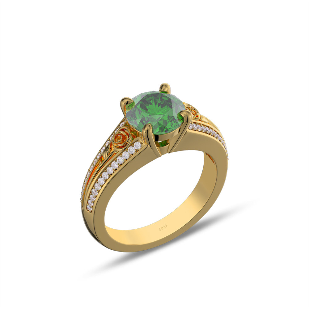 Round Cut Emerald Green 925 Sterling Silver Floral Engagement Ring