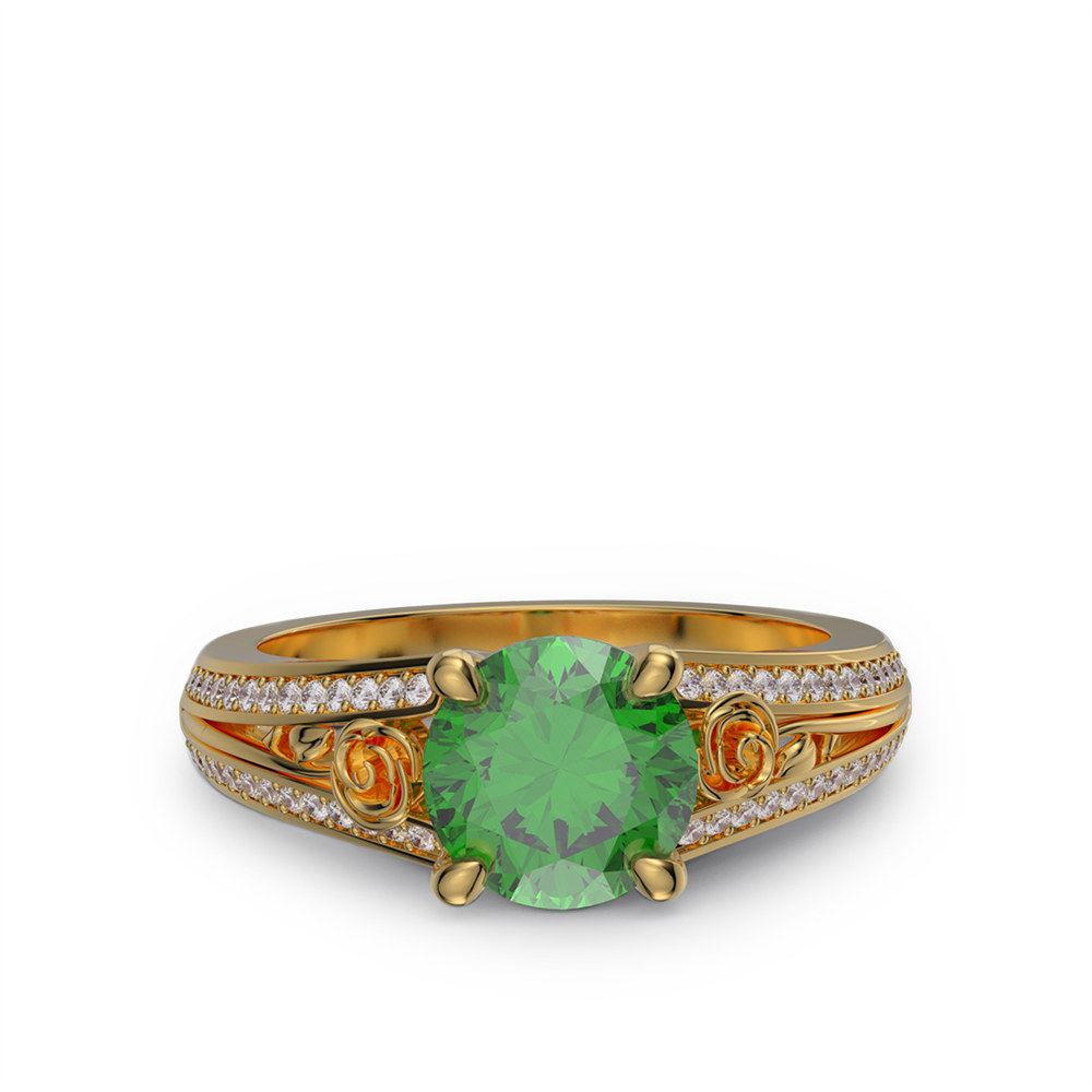 Round Cut Emerald Green 925 Sterling Silver Floral Engagement Ring