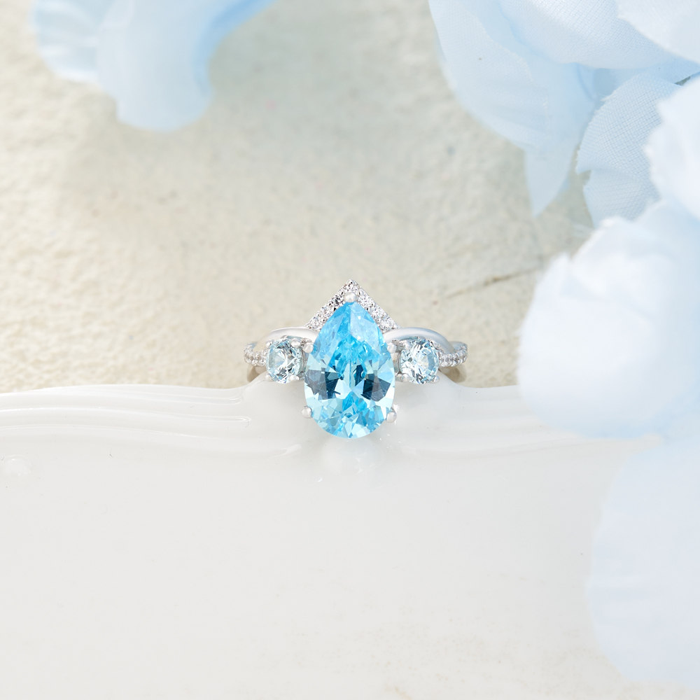 Pear Cut Aquamarine Blue 925 Sterling Silver Twisted Engagement Ring