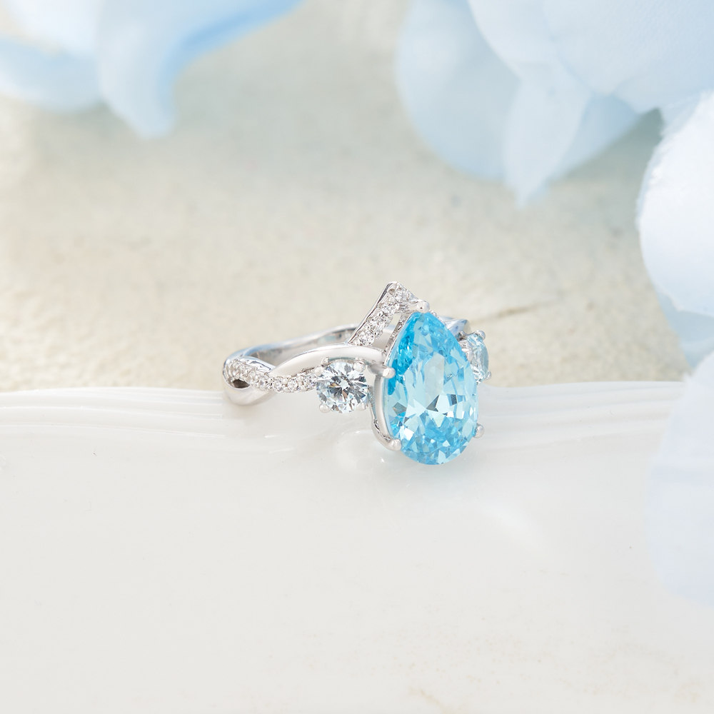 Pear Cut Aquamarine Blue 925 Sterling Silver Twisted Engagement Ring