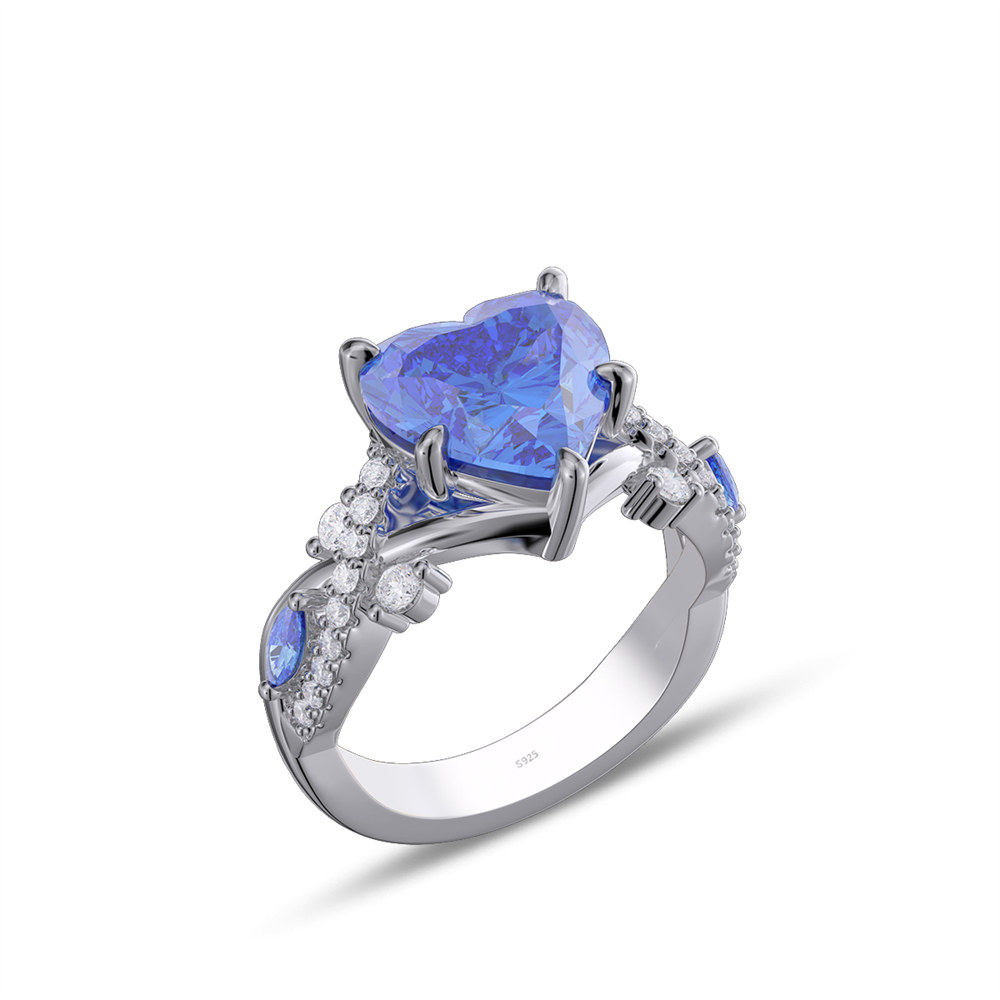 Heart Cut Sapphire Blue Sterling Silver Twisted Engagement Ring
