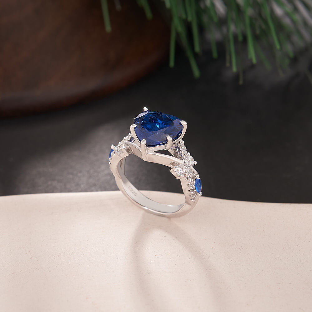 Heart Cut Sapphire Blue Sterling Silver Twisted Engagement Ring