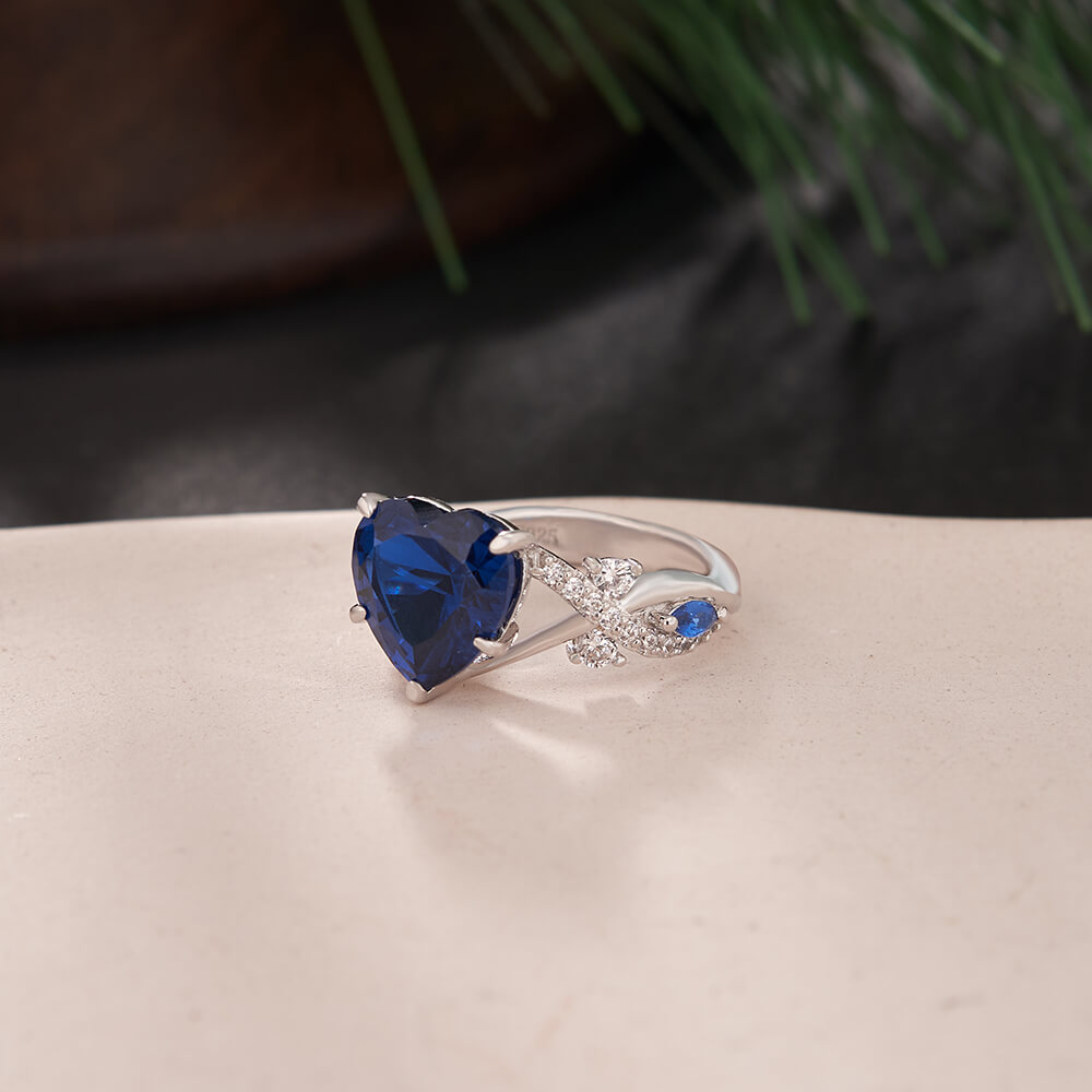 Heart Cut Sapphire Blue Sterling Silver Twisted Engagement Ring