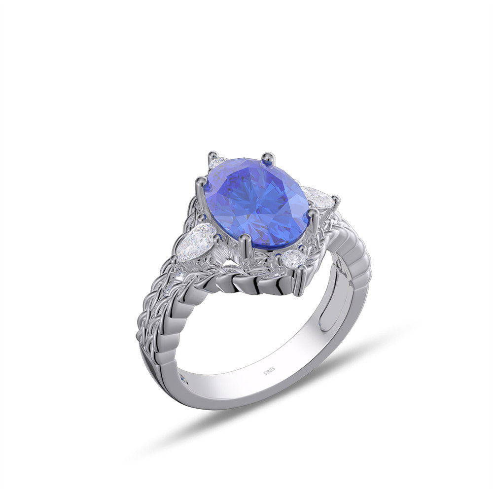 Oval Cut Sapphire Blue Sterling Silver Braided Celtic Engagement Ring