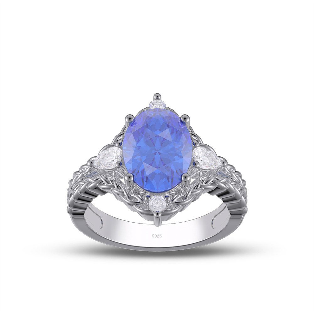 Oval Cut Sapphire Blue Sterling Silver Braided Celtic Engagement Ring